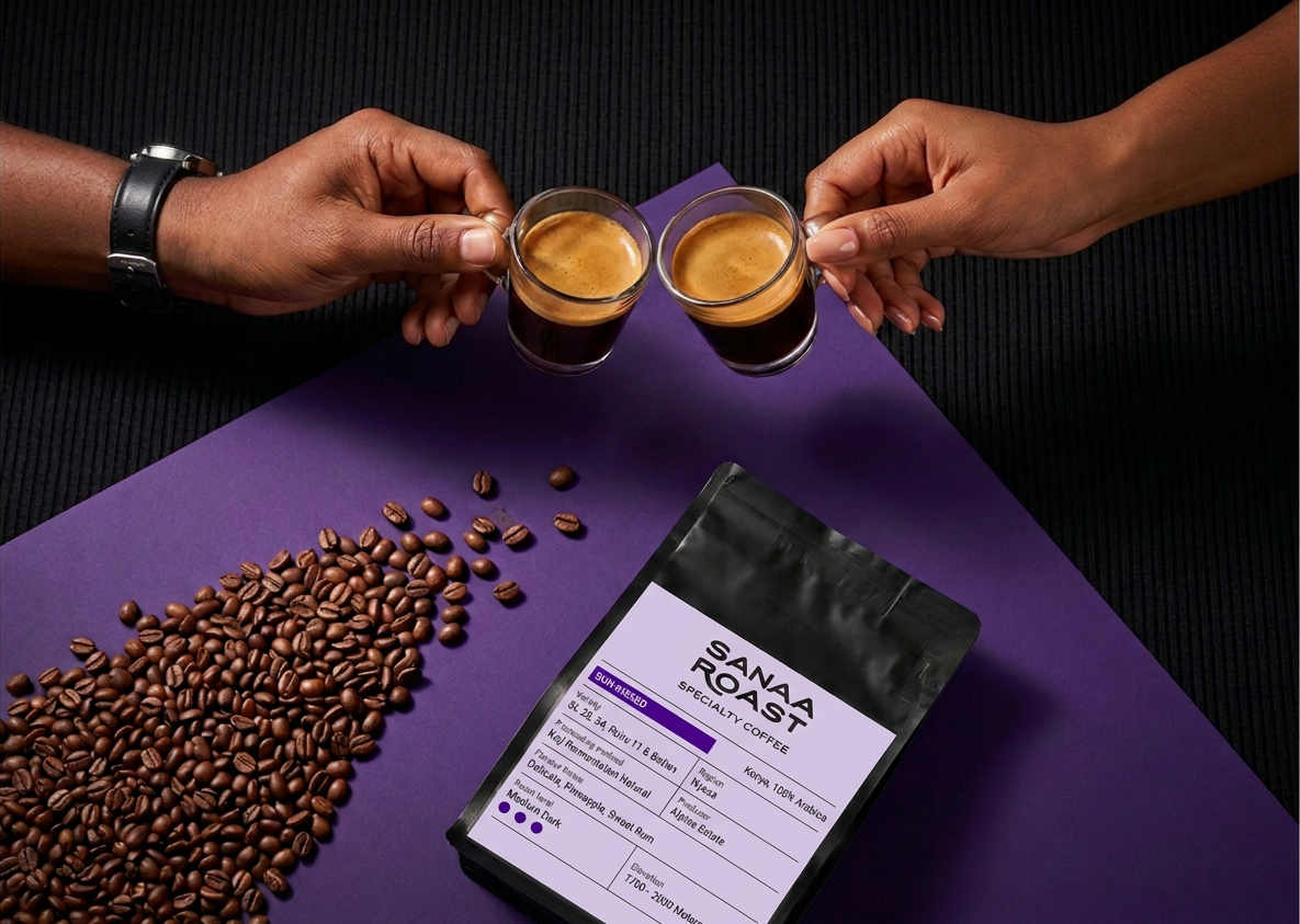 A pour-over coffee being prepared alongside a Sanaa Roast bag